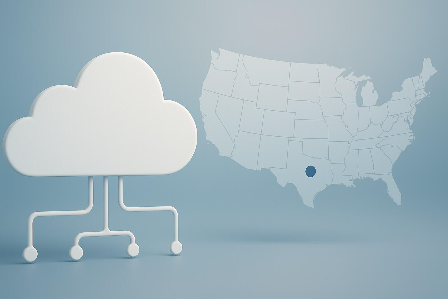 A stylized cloud icon with connecting lines is next to a map of the United States marked with a dark dot.