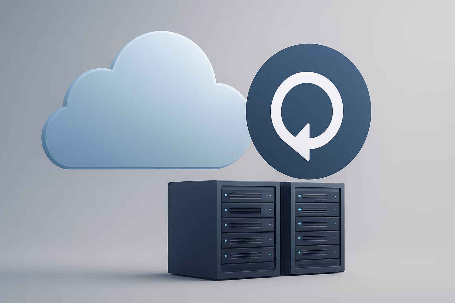 A large blue cloud icon, two server units, and a circular arrow symbol on a plain light background.