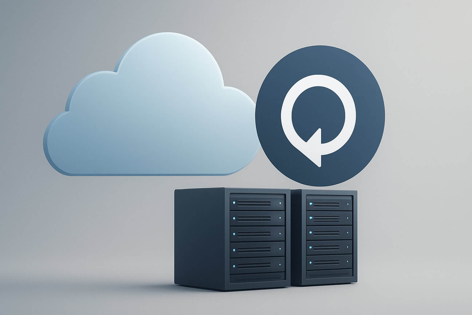 A large blue cloud icon, two server units, and a circular arrow symbol on a plain light background.