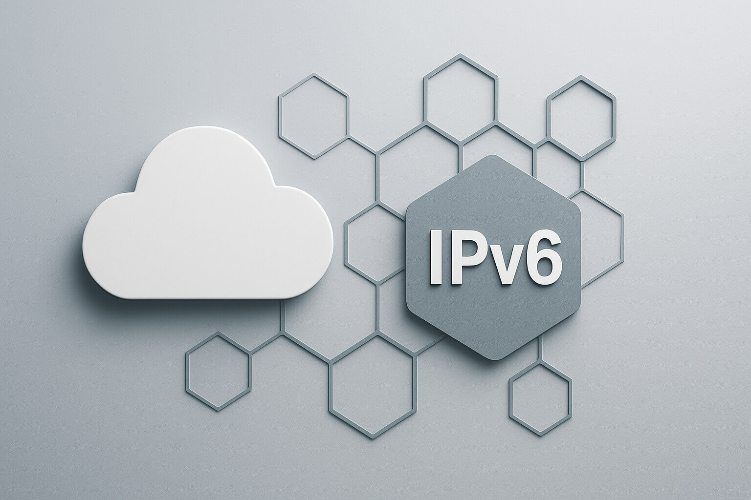 A white cloud icon and a hexagon with the text IPv6 are connected by outlined hexagonal shapes.