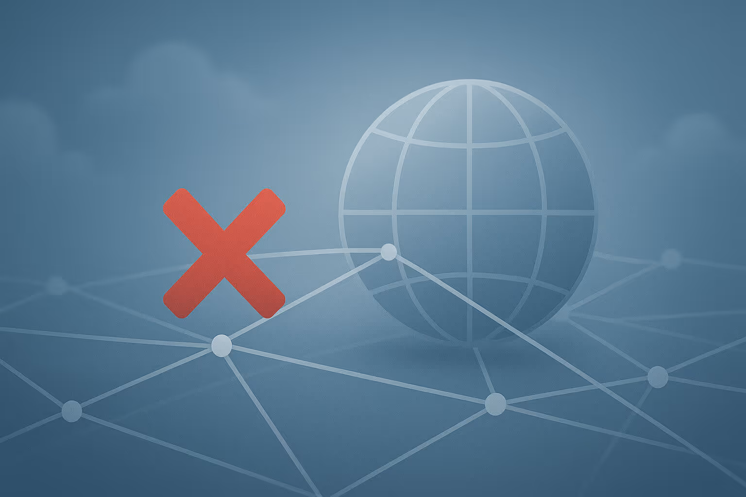 A red X symbol overlays a network of connected lines and a wireframe globe on a blue background.