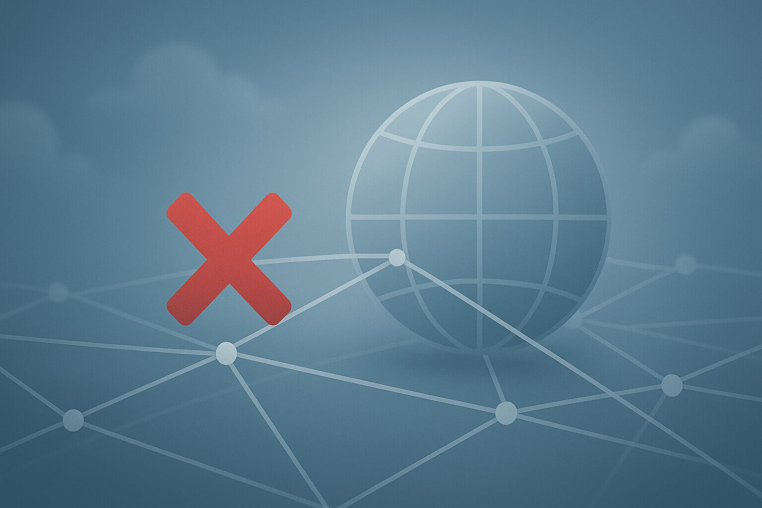 A red X symbol overlays a network of connected lines and a wireframe globe on a blue background.