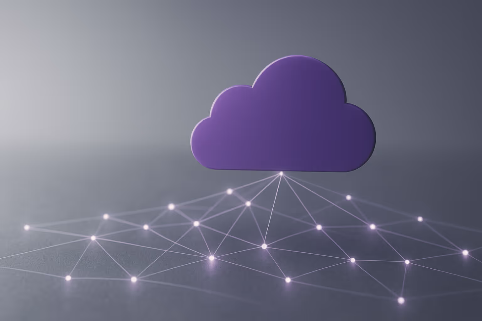 A purple cloud shape hovers above a gray surface with glowing connected nodes forming a network pattern below it.
