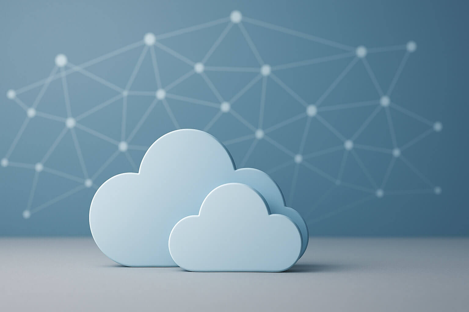 Two light blue cloud shapes in front of a blue background with interconnected white dots and lines.