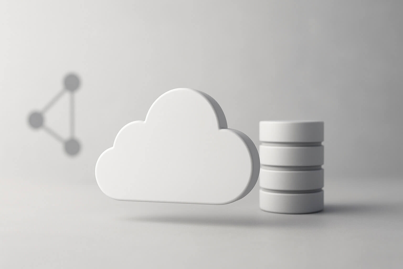 A white cloud shape is in front of three stacked cylindrical disks with a simple geometric pattern in the background.