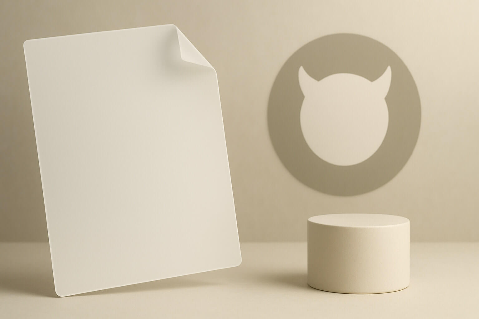 A blank sheet with a curled corner stands beside a round pedestal and a circle with pointed shapes on the wall.