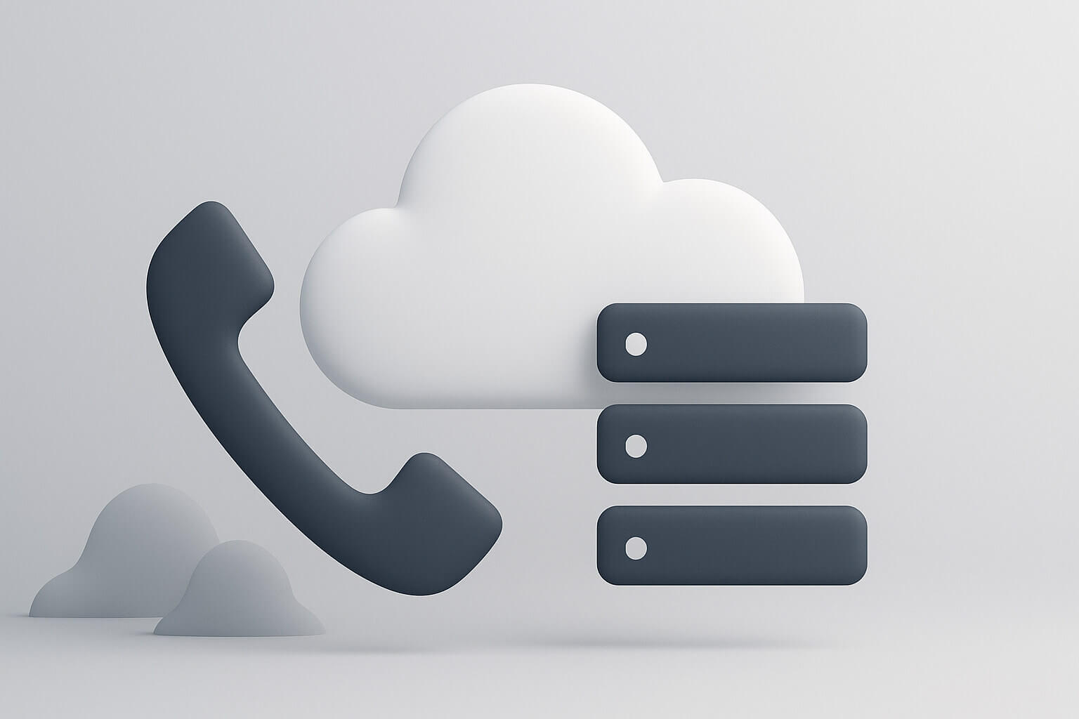 A 3D illustration of a cloud, a telephone handset symbol, and three stacked rectangles with circles.