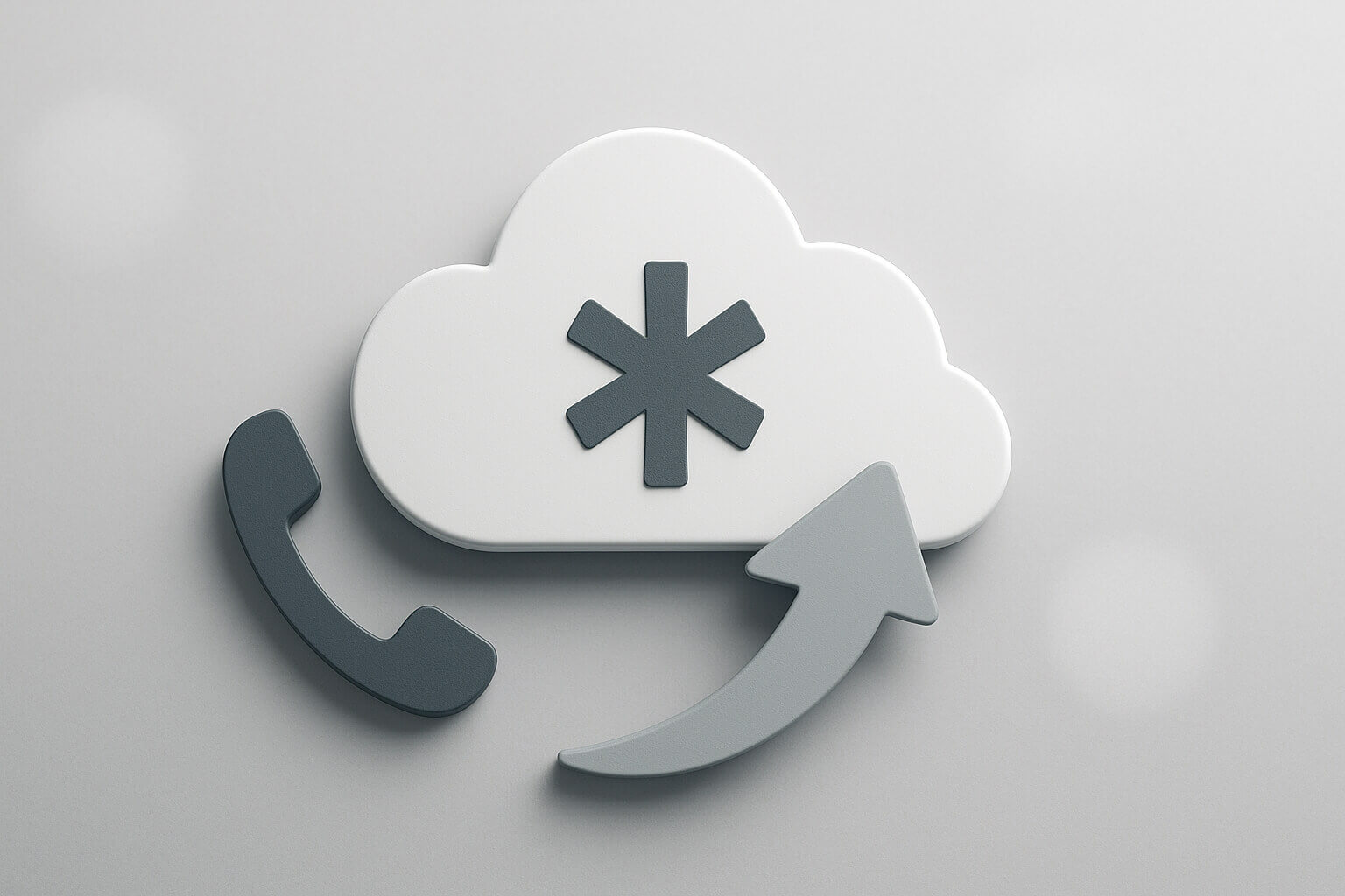 A white cloud icon with a dark asterisk, a phone handset, and a curved arrow on a light gray background.