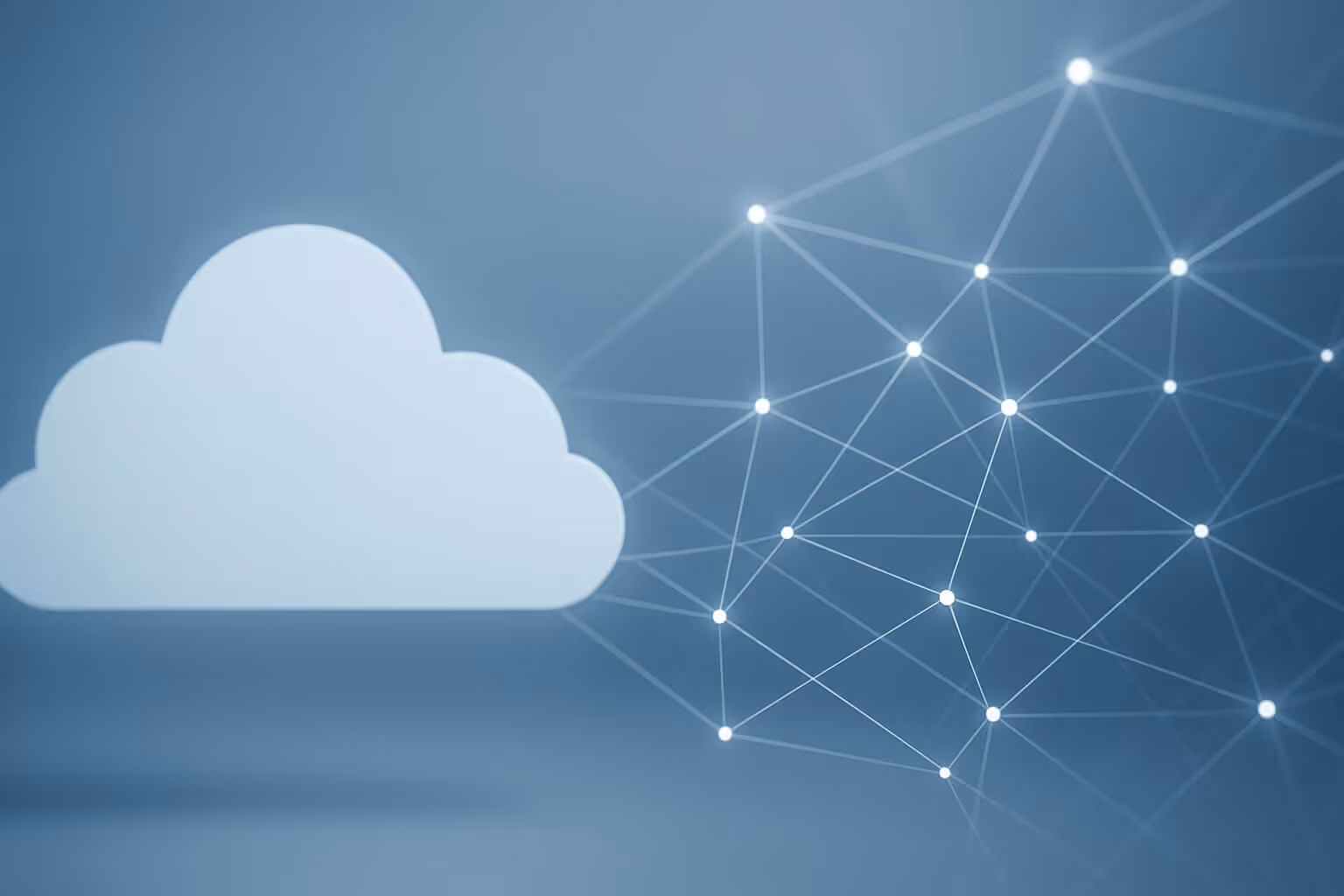 A white cloud shape appears on the left beside a network of interconnected glowing dots and lines on a blue background.