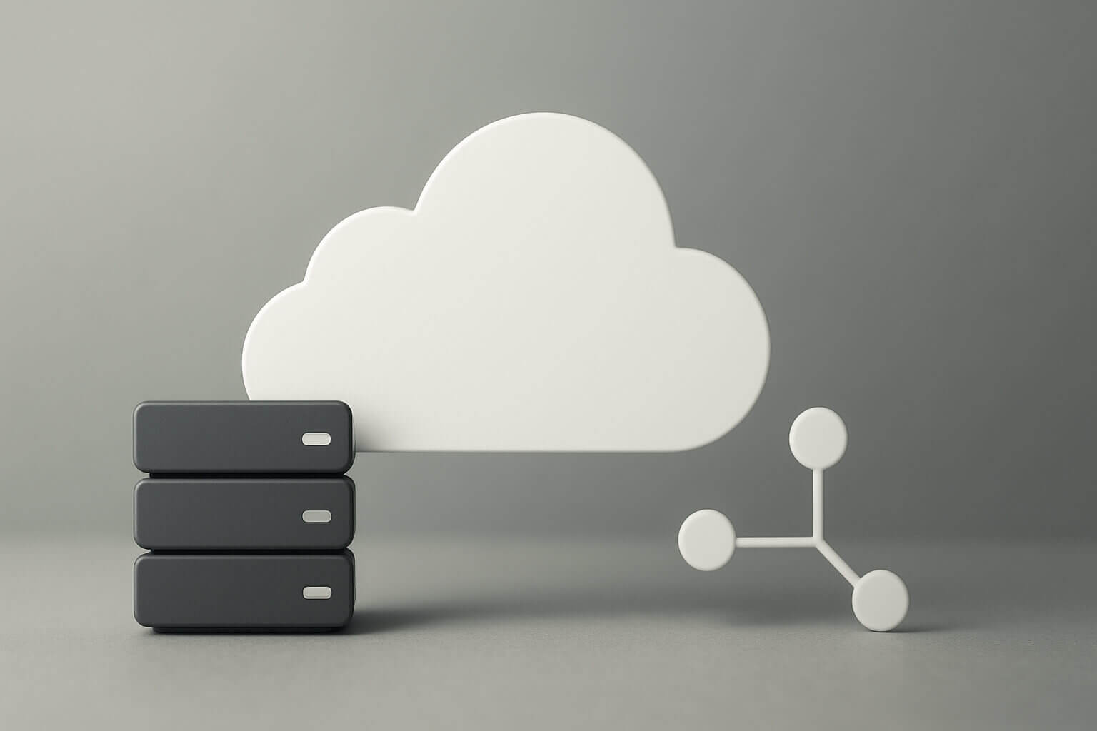 A white cloud shape is placed above three stacked dark rectangles beside a connected three-circle diagram on a gray background.