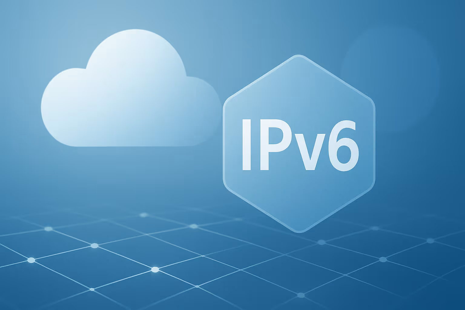 A cloud icon and a hexagon with the text IPv6 appear above a blue grid background.