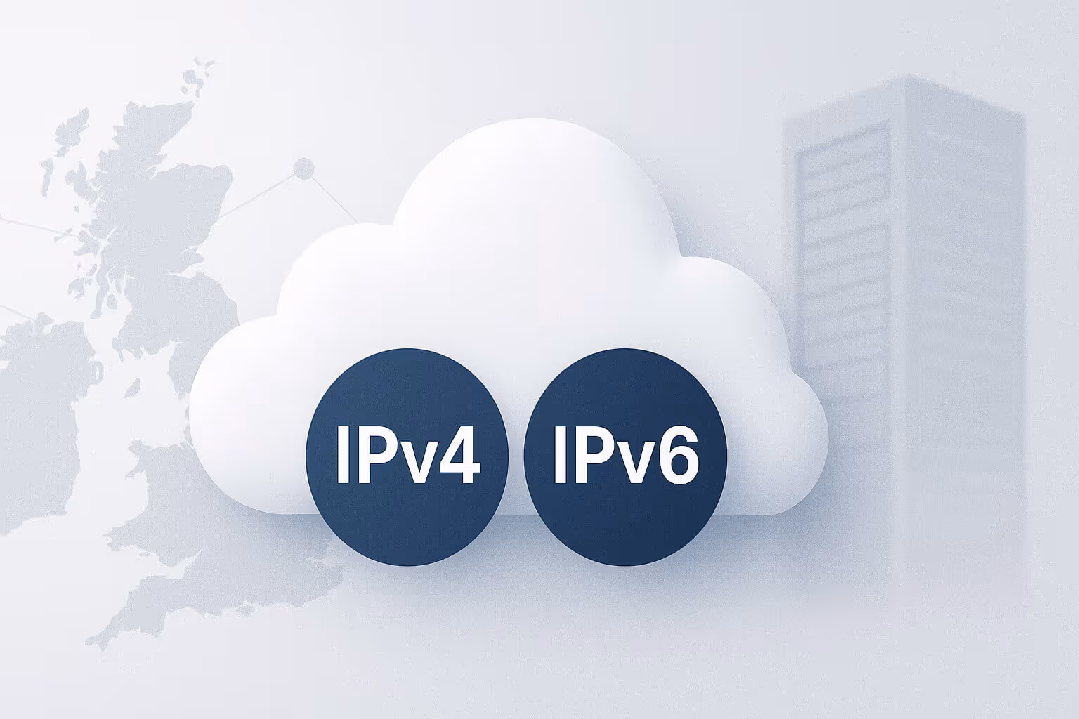 A white cloud shape with two dark circles labeled IPv4 and IPv6, over a faint map and building outline.