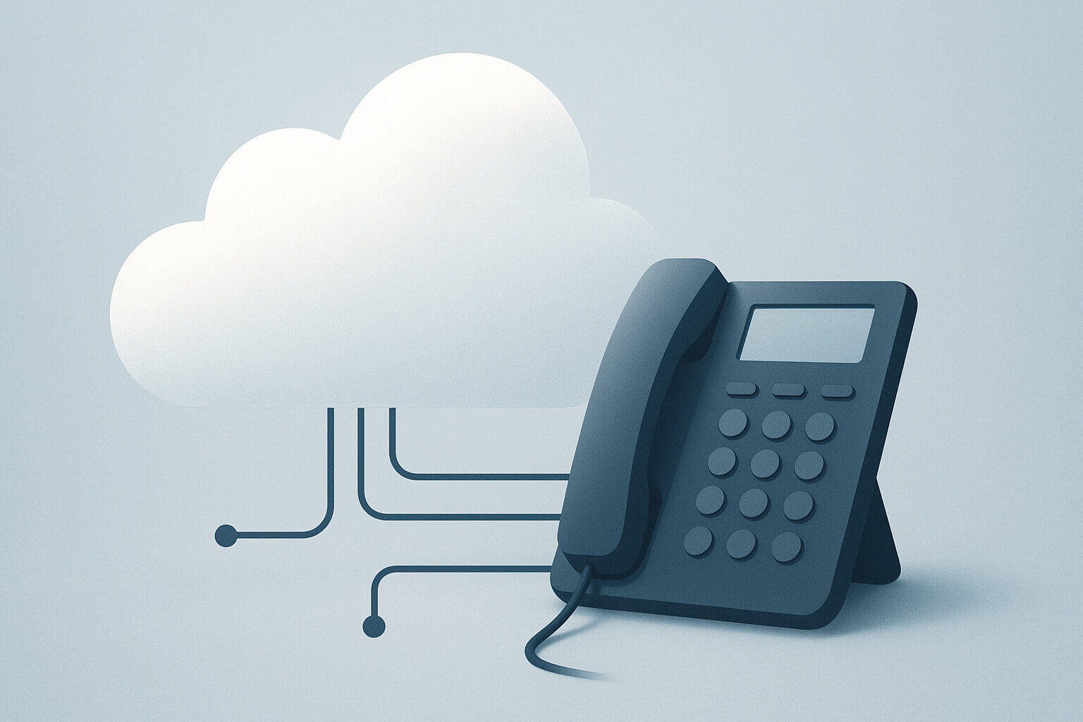 A cloud icon is connected by lines to a desk telephone with a display screen and numbered buttons.