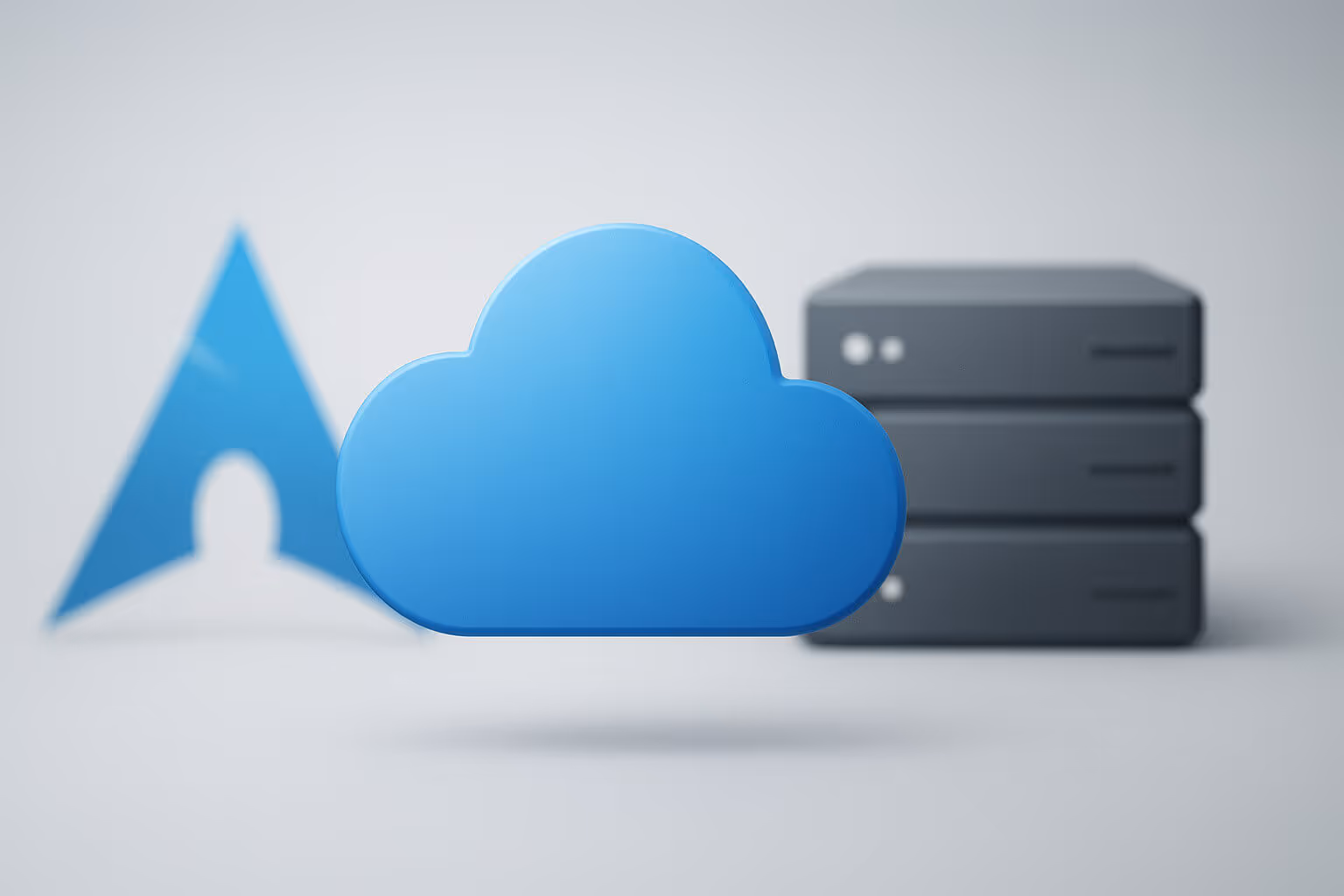 A blue cloud icon is centered in front of a triangular shape and two dark stacked server icons on a light background.