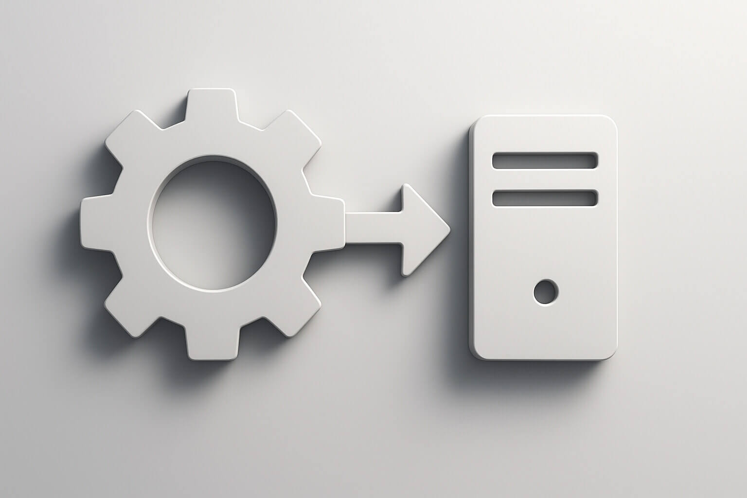 A white gear shape with an arrow points toward a white, rectangular object with two slots and a circular hole.