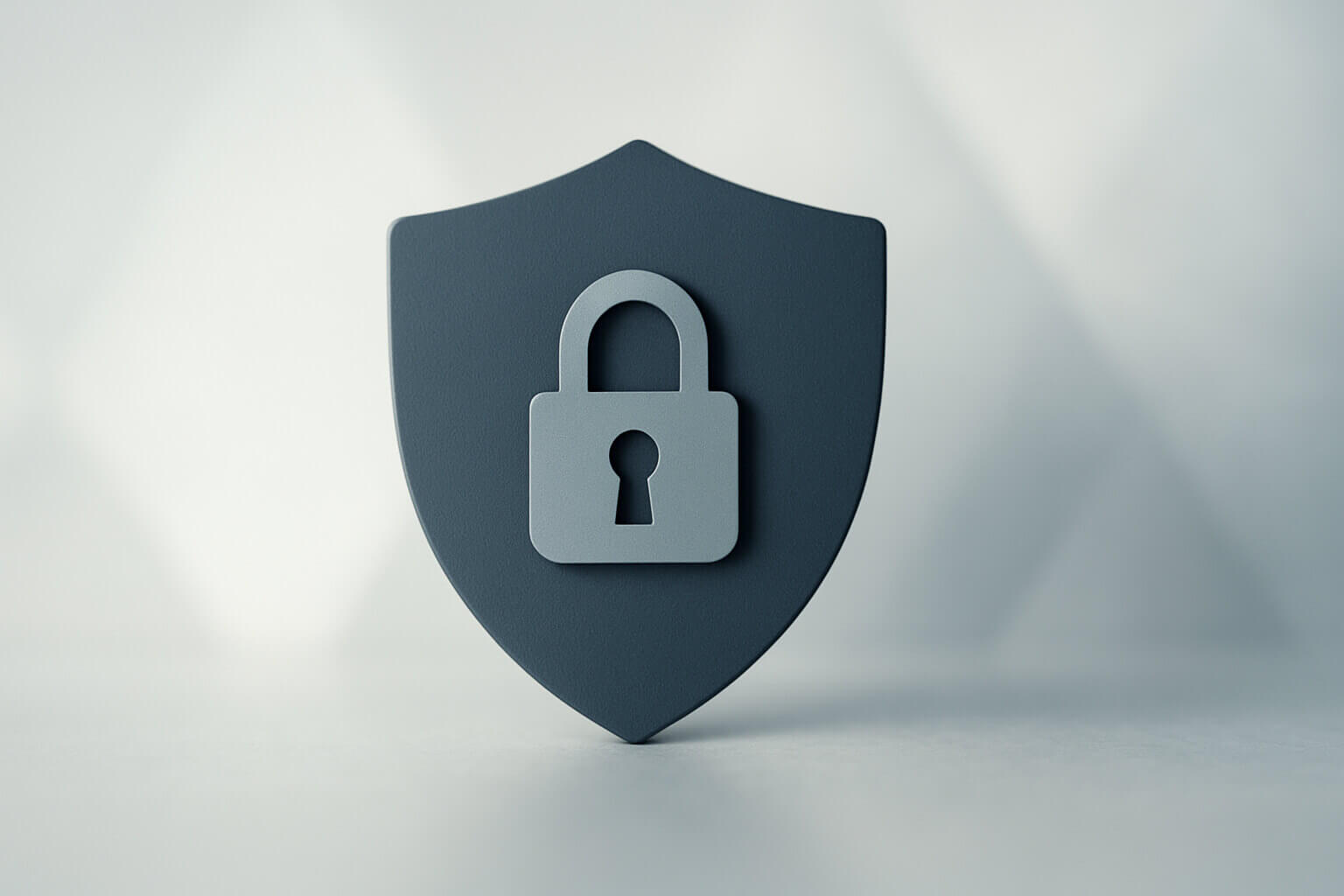 A gray shield with a padlock symbol in the center is shown against a blurred light background.