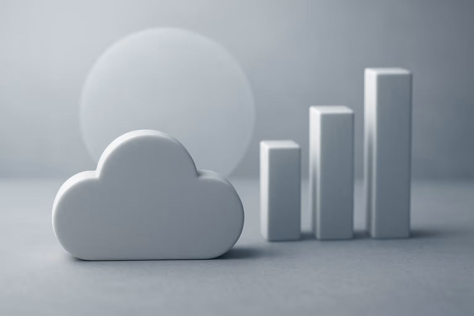 A white cloud shape sits in front of three ascending rectangular bars on a plain, light background.