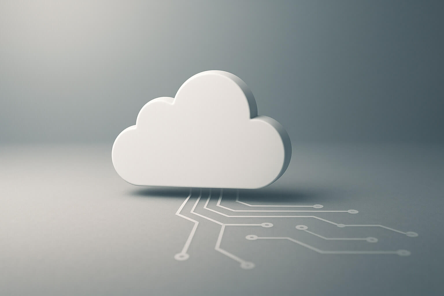 A white cloud-shaped object with circuit lines extending from its base on a gray background.