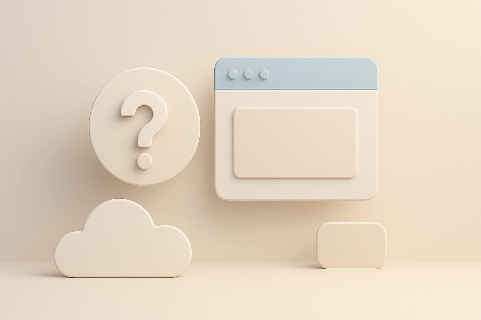 3D icons of a question mark, cloud, web browser window, and rounded rectangle on a light beige background.