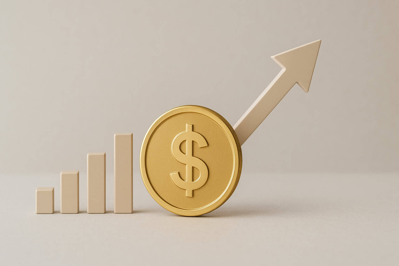 A gold coin with a dollar sign is in front of rising bar charts and an upward-pointing arrow.