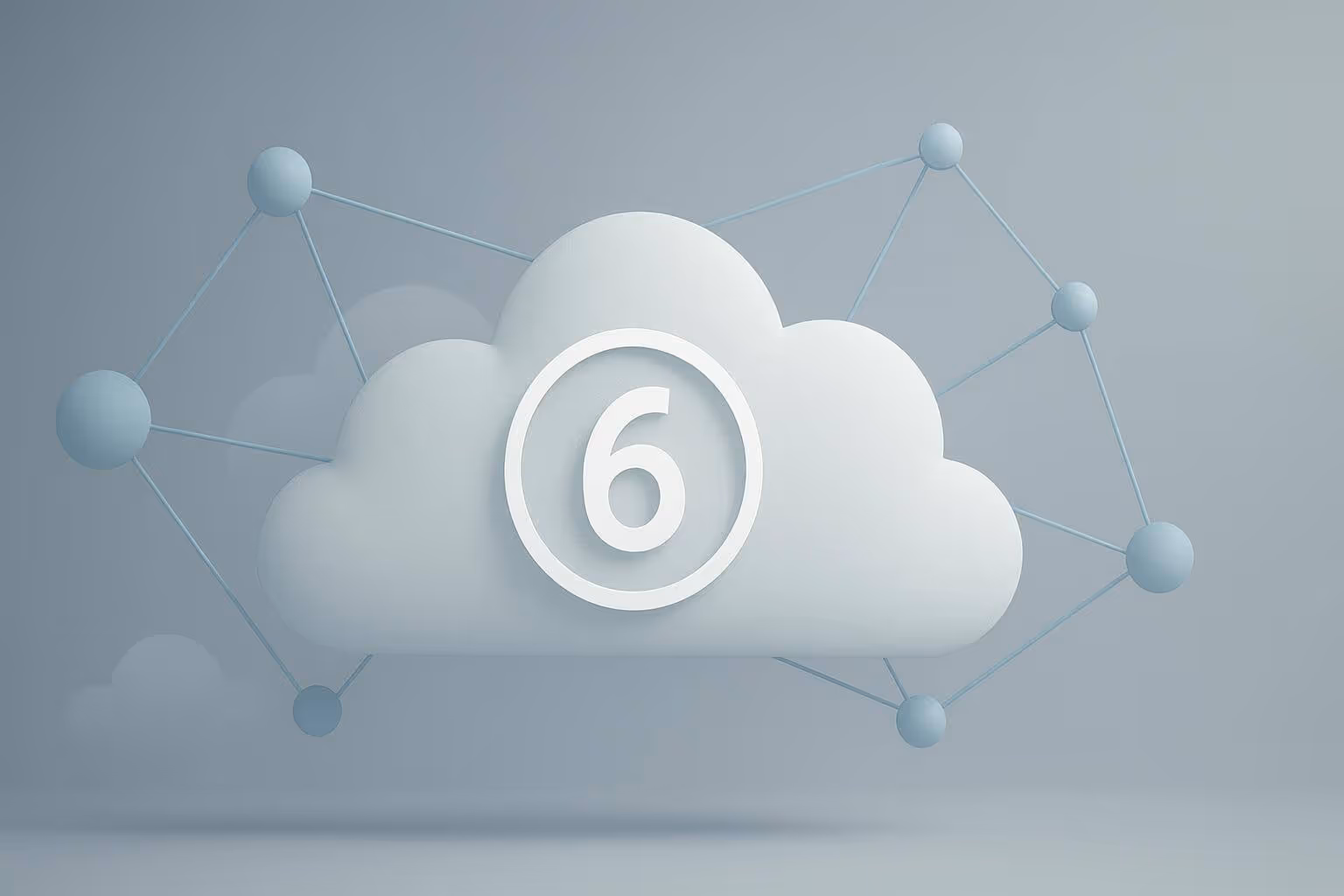 A large white cloud shape with a circled number 6 in the center, surrounded by blue connected spheres.