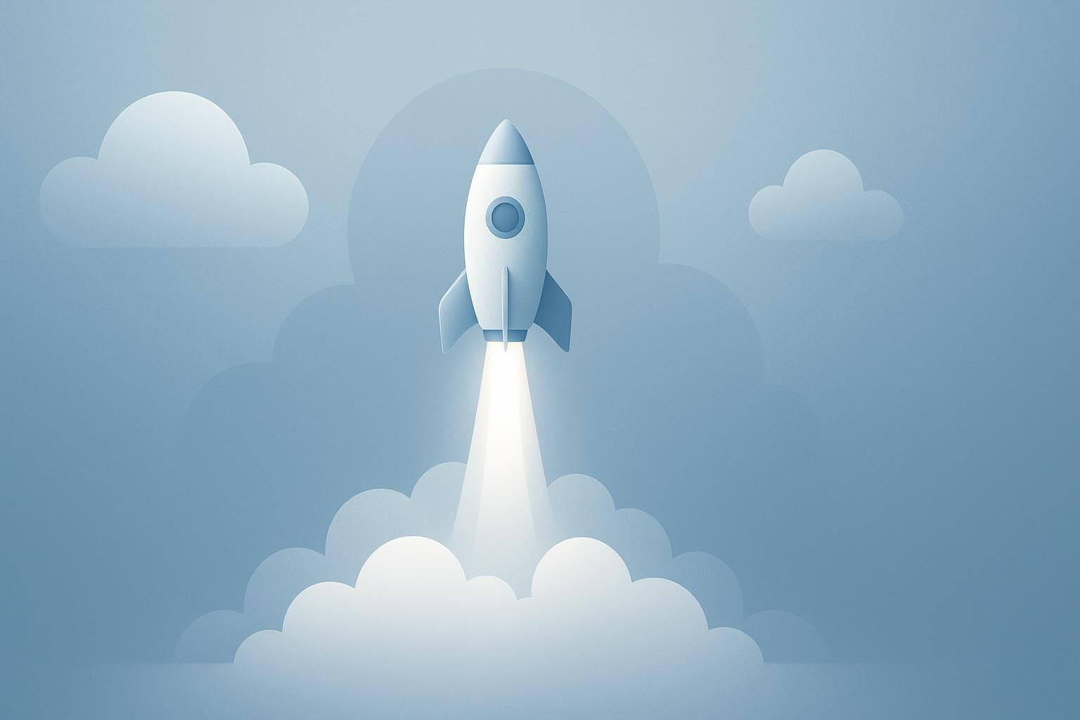 A stylized rocket ascends through white clouds against a light blue background with additional cloud shapes.