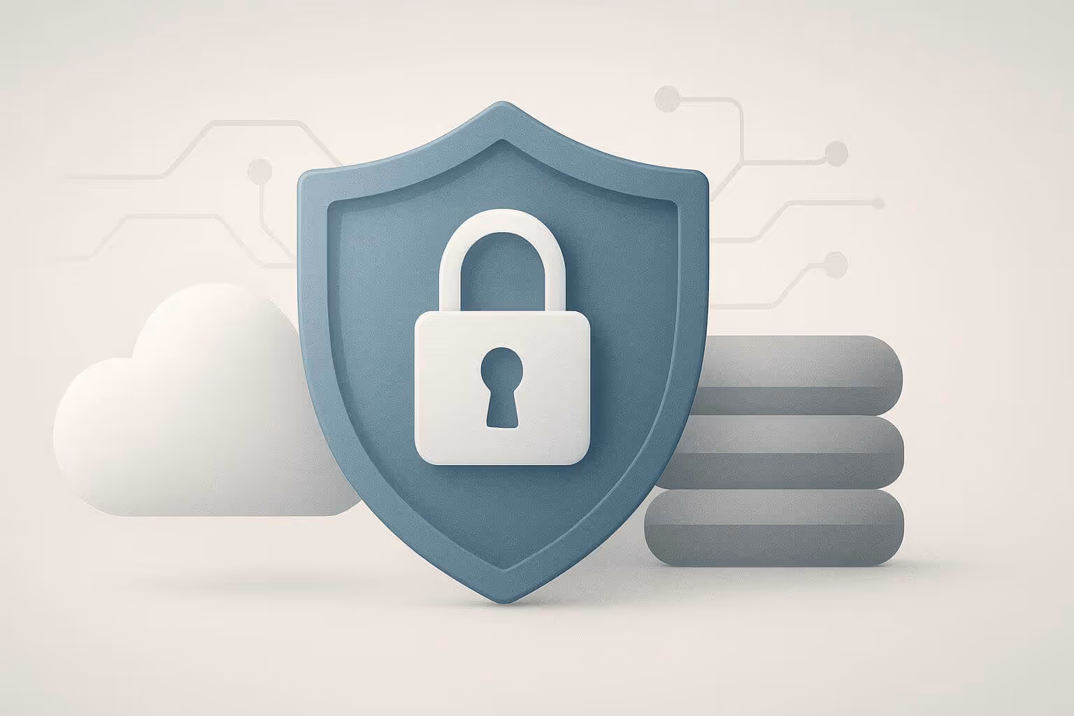 A shield with a padlock symbol is centered between a cloud shape and three stacked rounded rectangles.