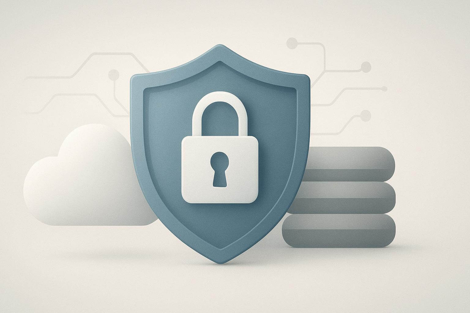 A shield with a padlock symbol is centered between a cloud shape and three stacked rounded rectangles.