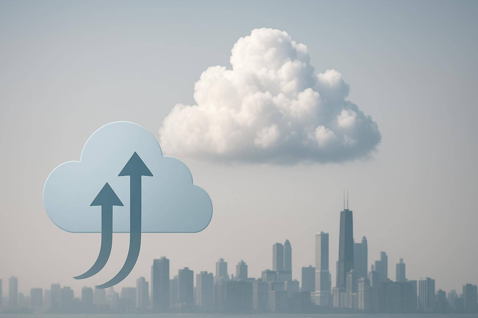 A city skyline with a large cloud in the sky and a blue cloud icon with two upward arrows in the foreground.