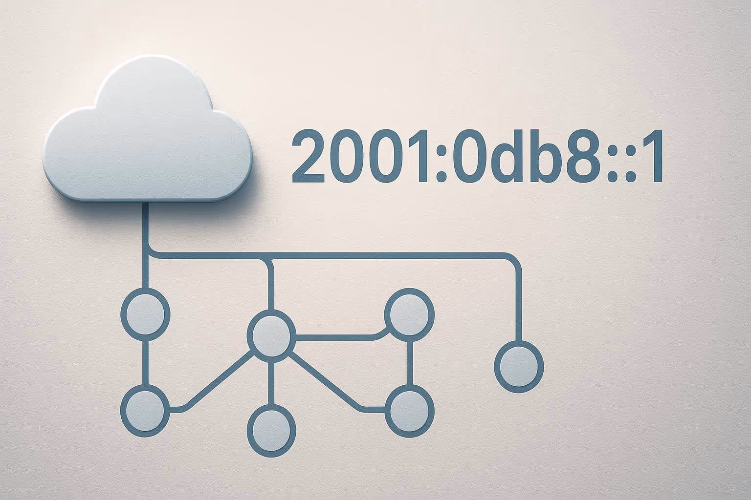 A cloud icon is connected to a network diagram with circles and lines, next to the text 2001:0db8::1.