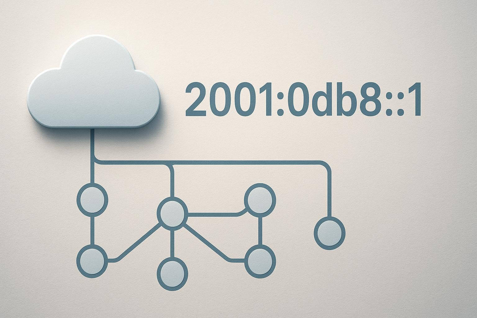 A cloud icon is connected to a network diagram with circles and lines, next to the text 2001:0db8::1.