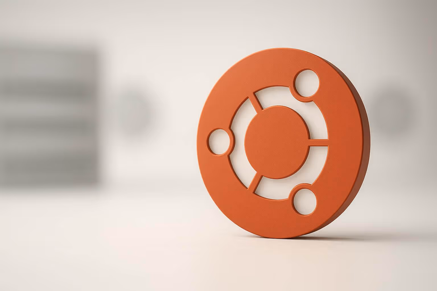 A round, orange object with three cut-out circles and connecting lines stands on a plain, light surface.