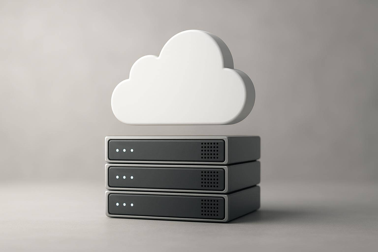 A white cloud-shaped object hovers above a stack of three gray rectangular devices with indicator lights.