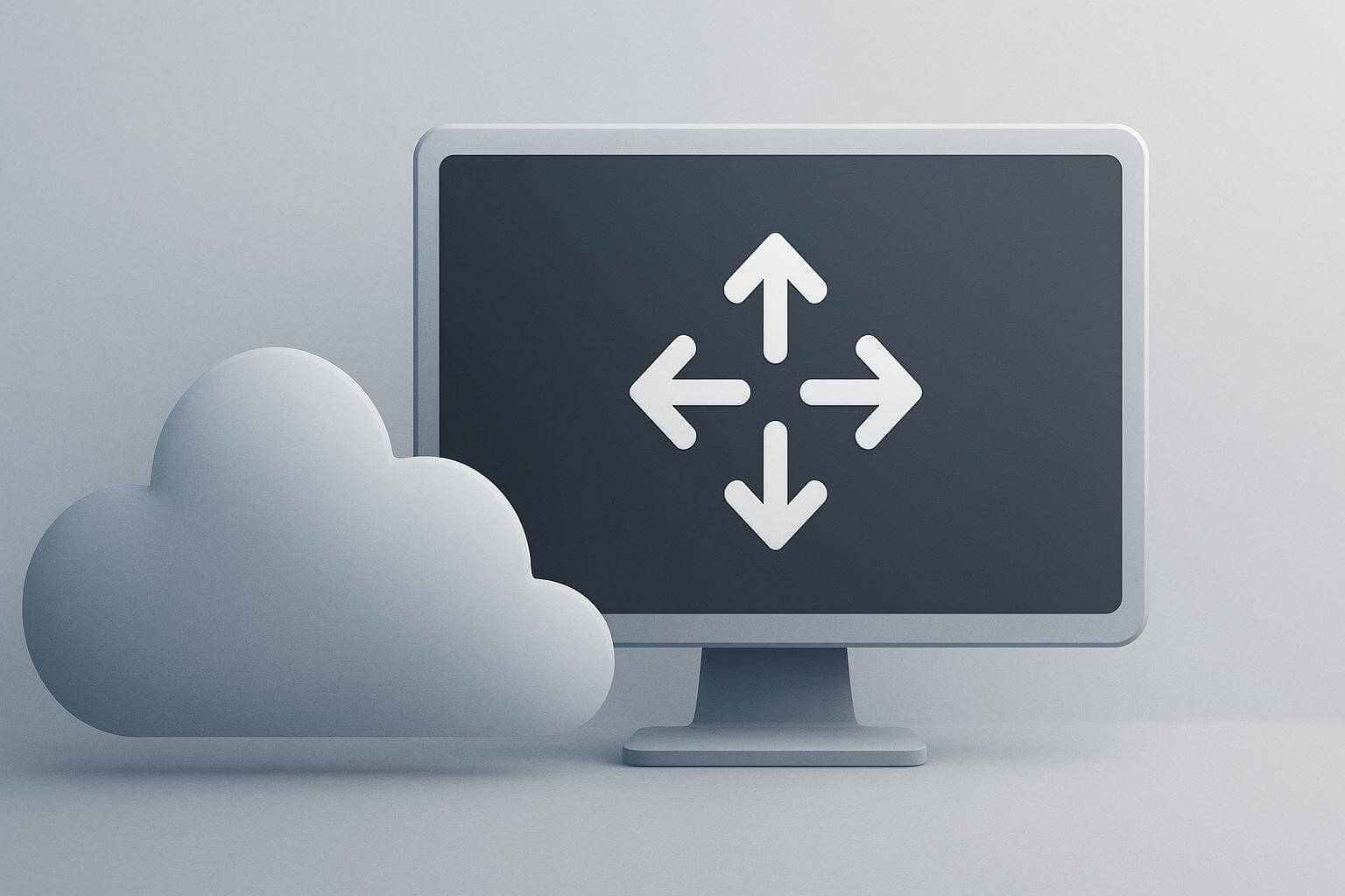 A computer monitor displays four arrows pointing outward in different directions, with a cloud shape beside it.
