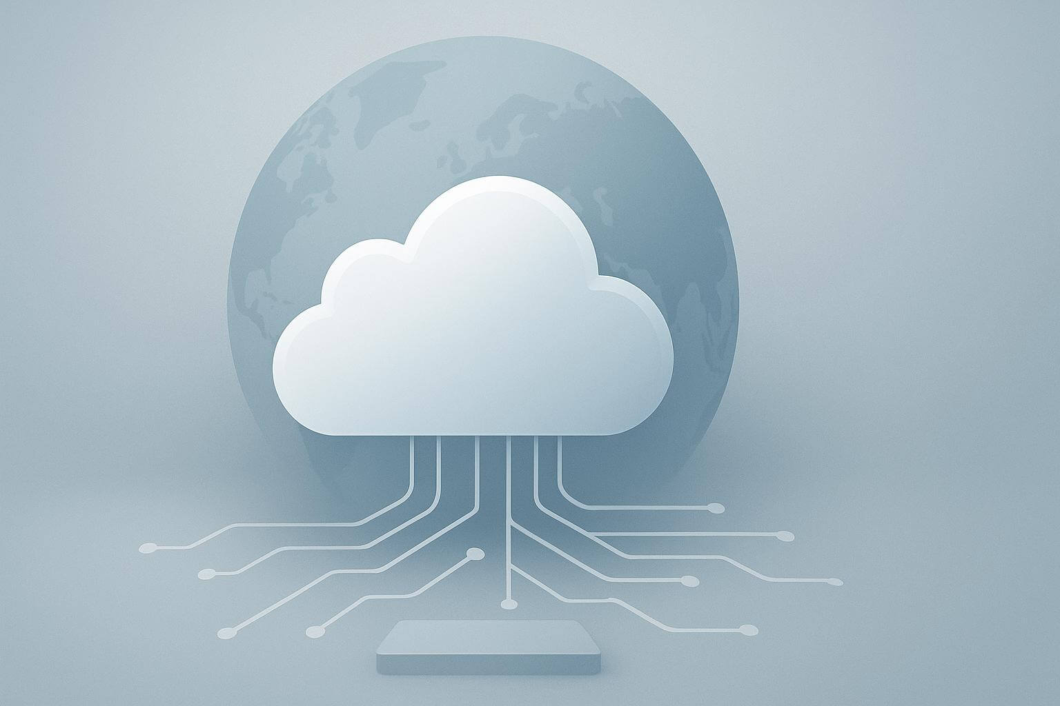 A white cloud icon with lines extending downward is set in front of a faint globe illustration on a gray background.