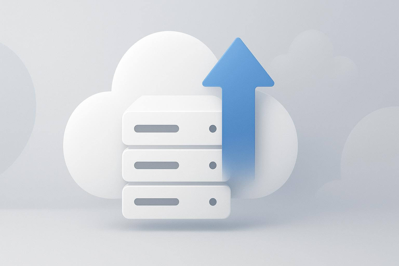 A white cloud shape with three server icons and a large blue upward arrow in front of a light background.