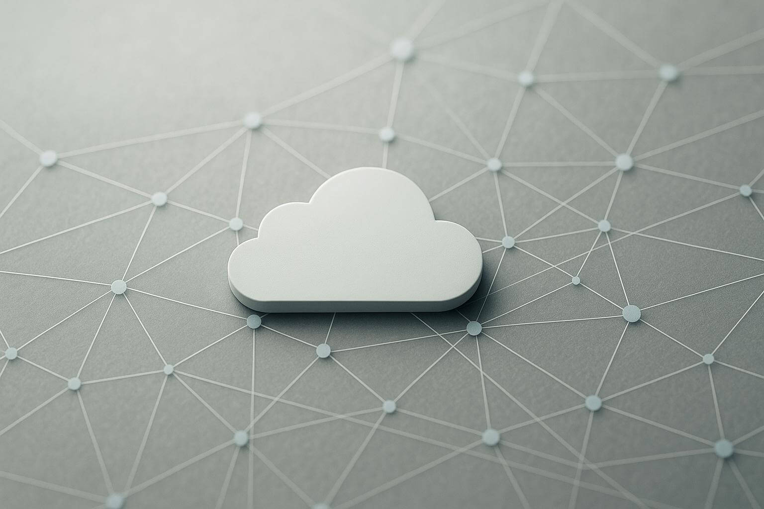 A white cloud shape rests on a gray surface with a network of interconnected dots and lines.