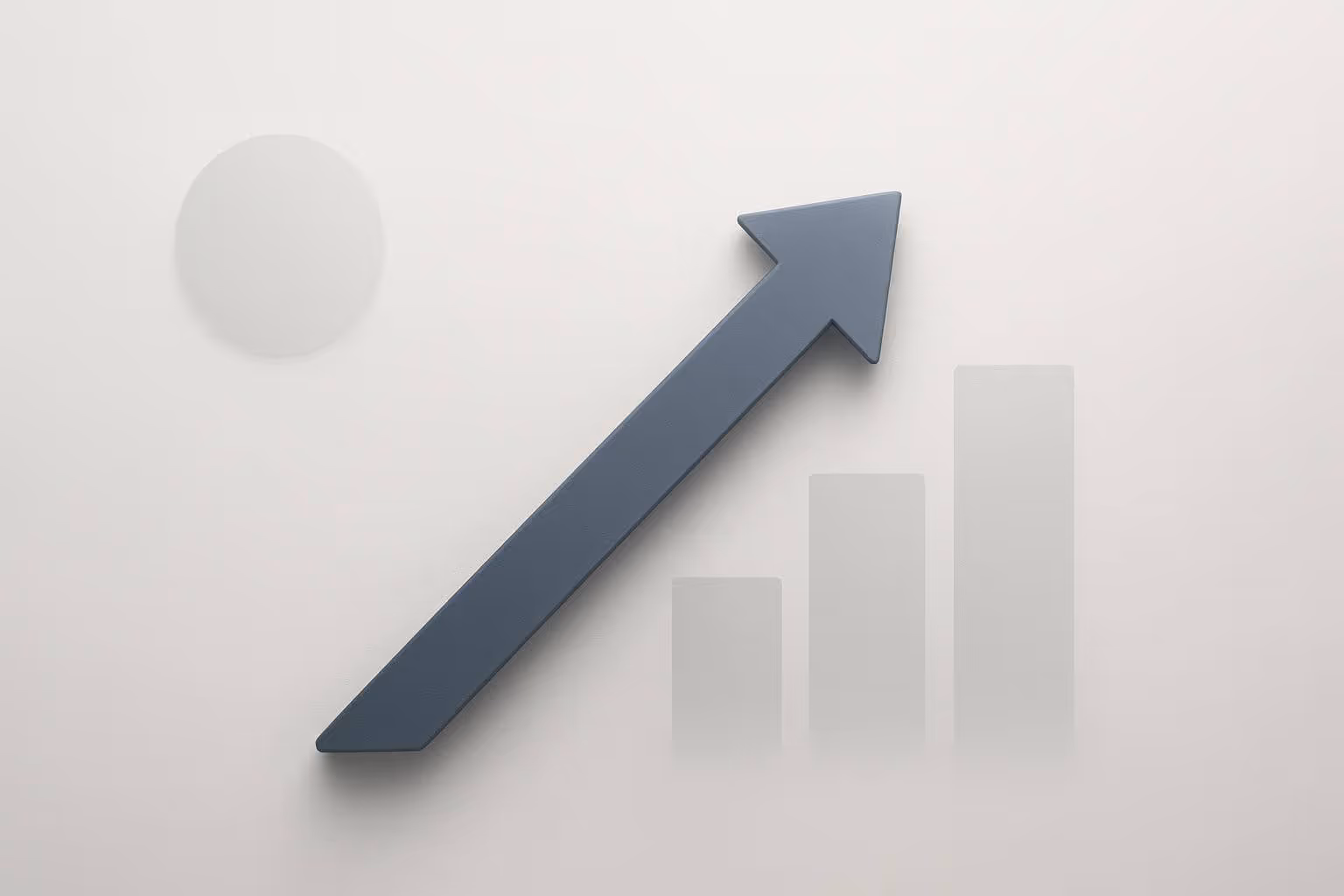 A large dark arrow points upward over three faint ascending bars and a faint circle on a light background.
