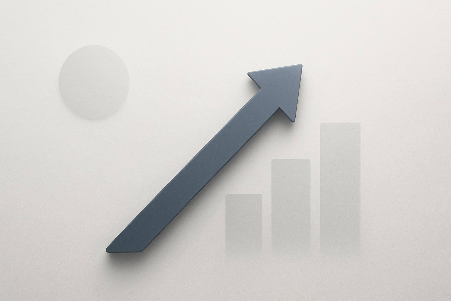 A large dark arrow points upward over three faint ascending bars and a faint circle on a light background.