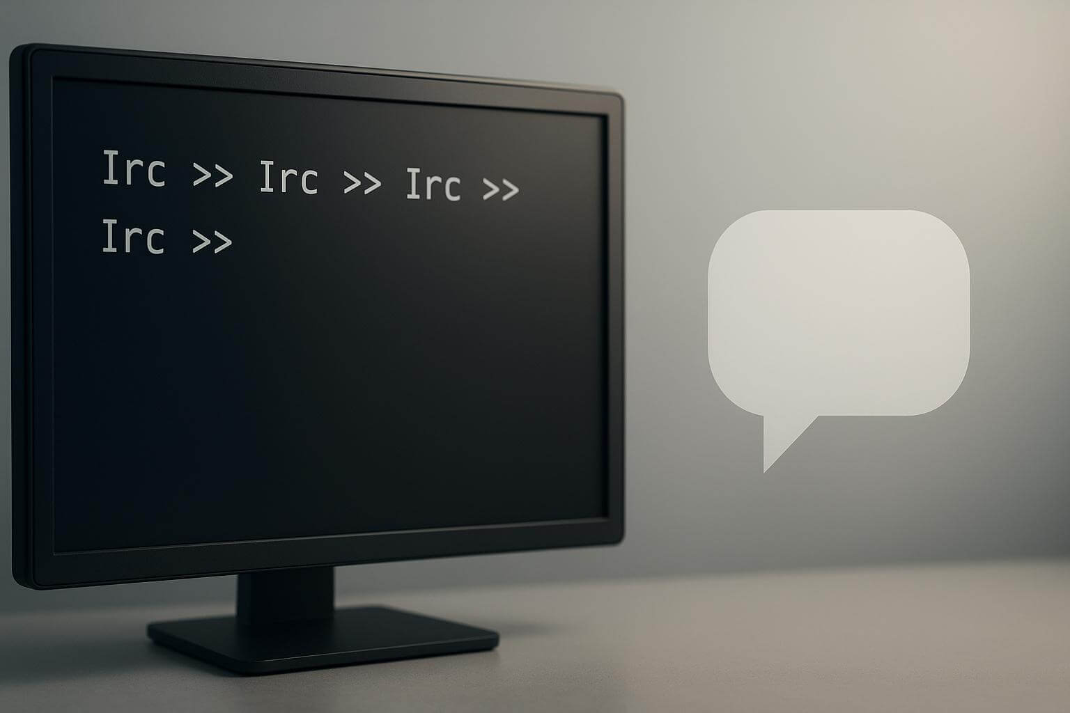A computer monitor displays the text Irc >> repeatedly, with a speech bubble icon beside it.