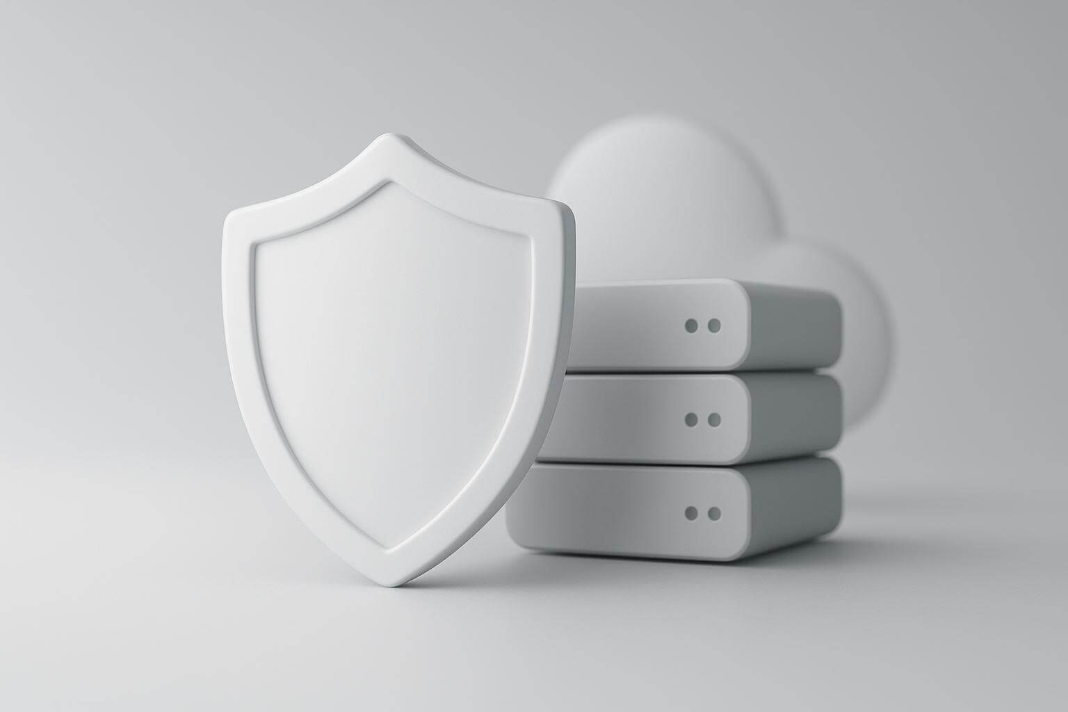 A large white shield stands in front of three stacked rectangular objects and a cloud shape on a light background.