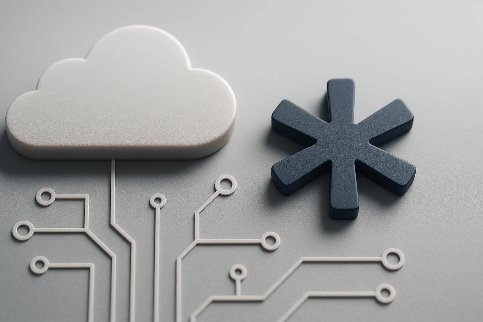 A gray cloud shape and a dark asterisk symbol are connected by circuit-like lines on a flat gray surface.