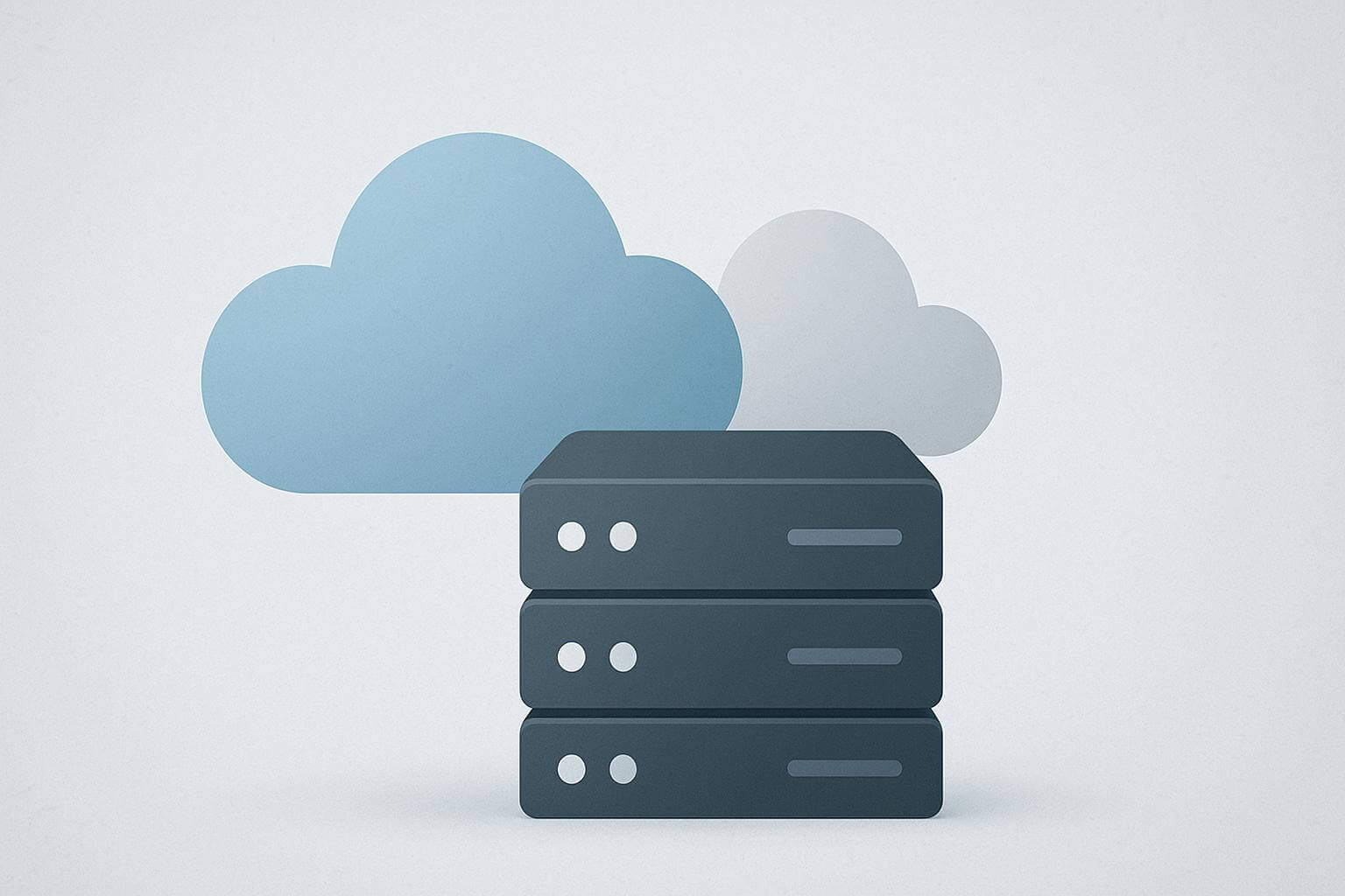 Three dark gray server icons stacked in front of two overlapping cloud shapes on a light background.