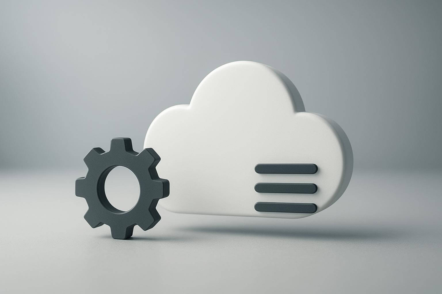 A gray gear icon stands in front of a white cloud shape with three horizontal dark lines on a plain background.