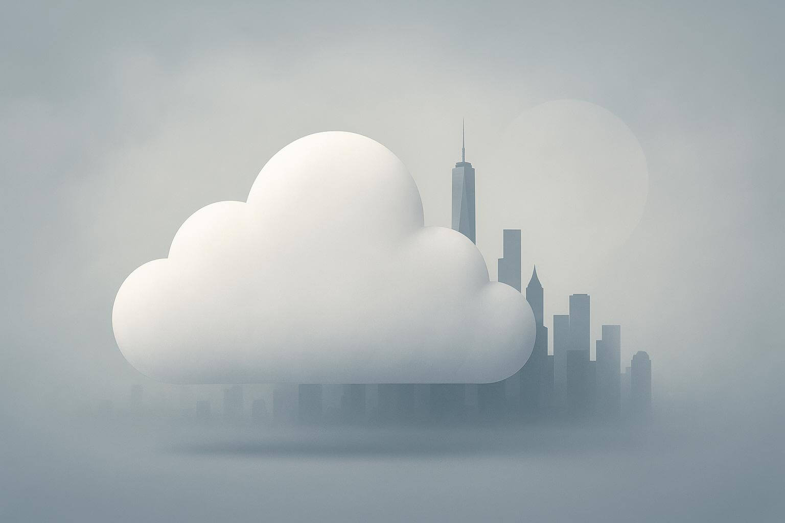 A large white cloud shape appears in front of a misty city skyline with various tall buildings.
