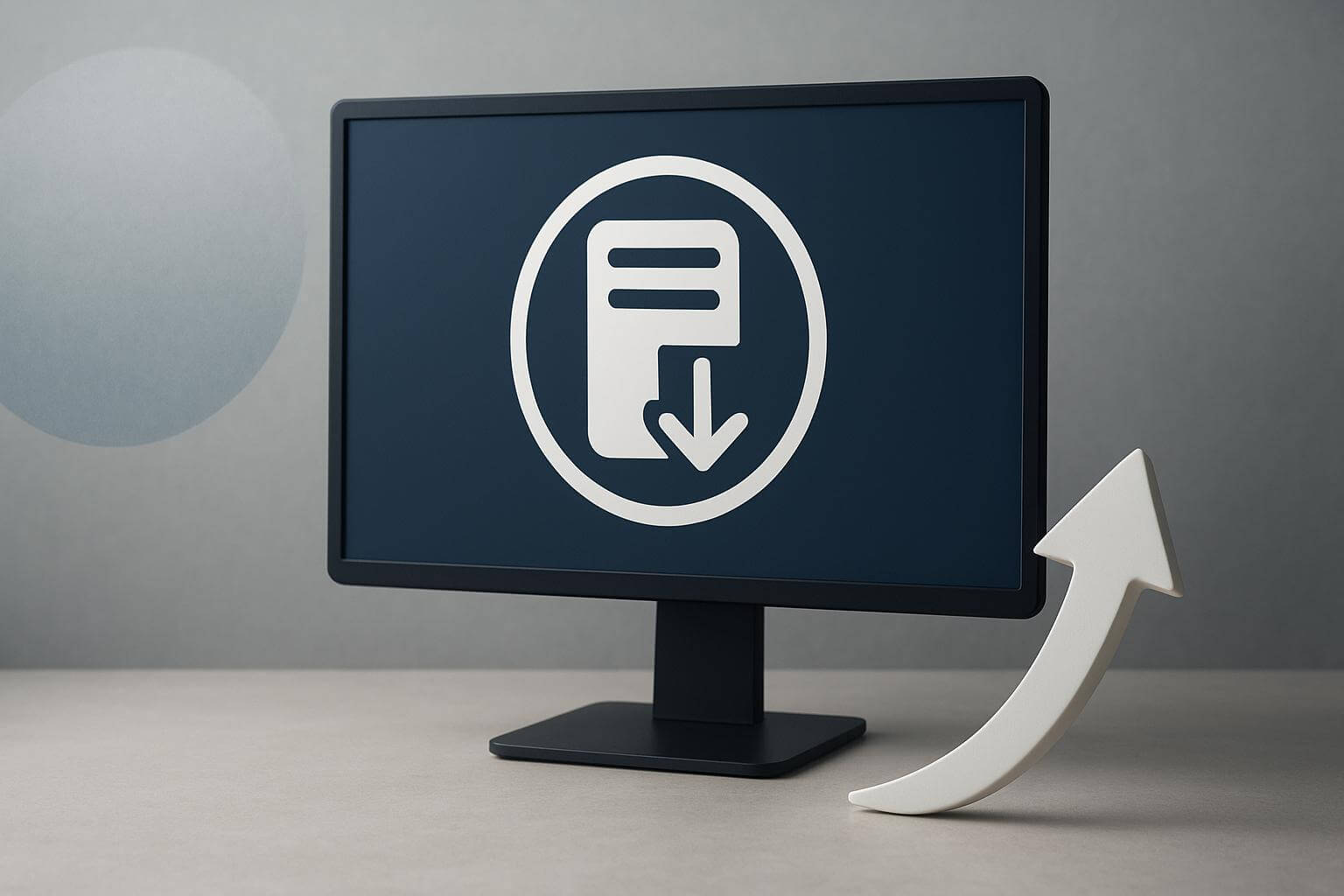 A monitor displays an icon of a document with a downward arrow inside a circle, with a large white arrow in front.