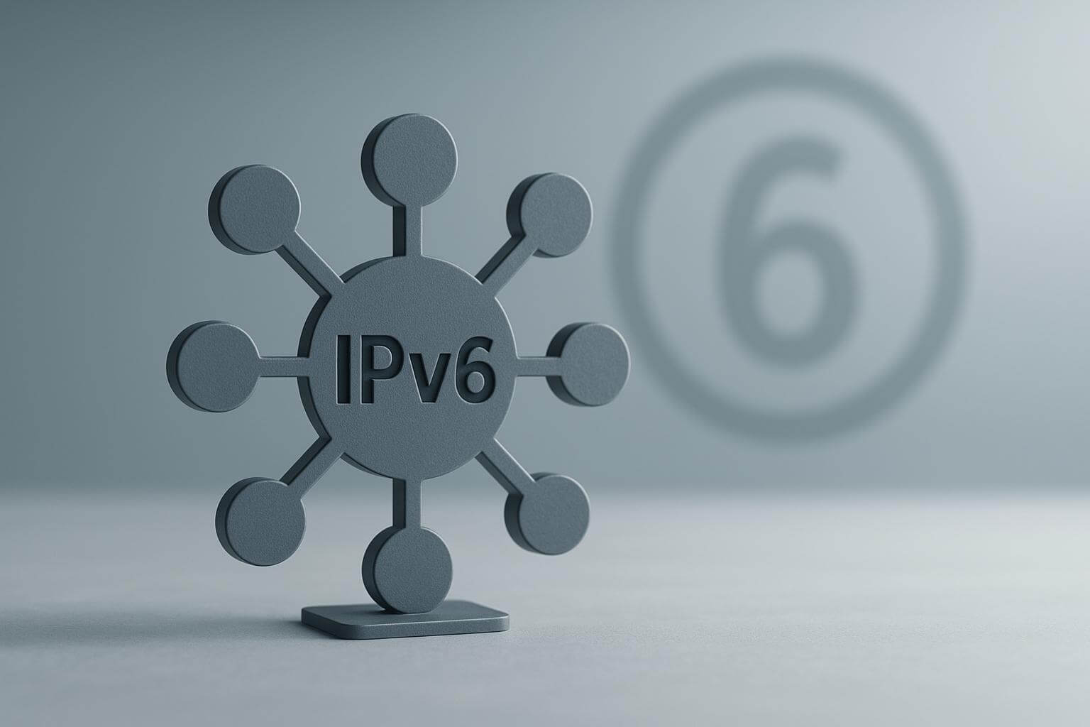 A gray, stylized network icon with the text IPv6 stands on a flat surface, with a large number 6 in the background.