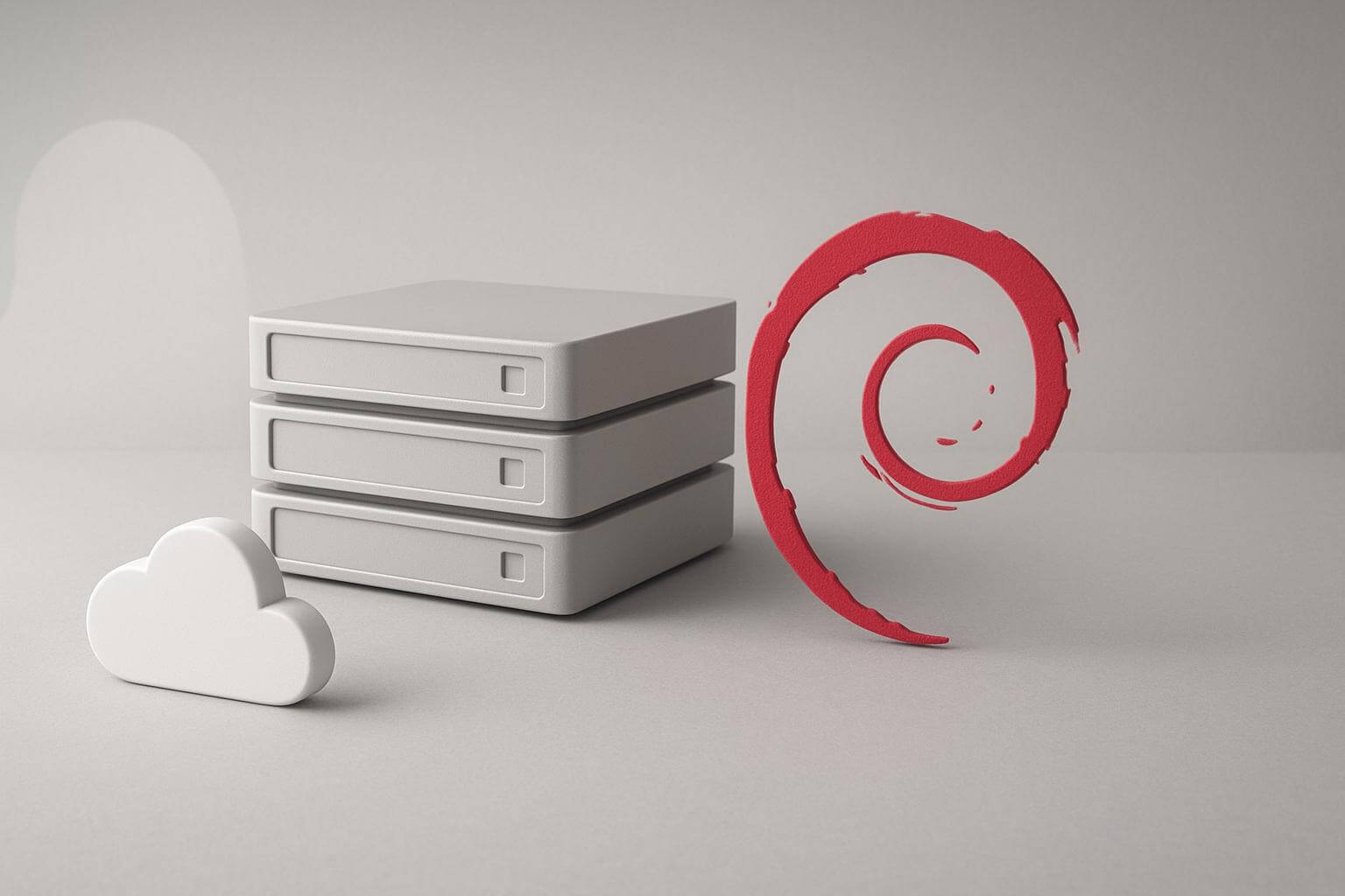 Three stacked rectangular server shapes, a white cloud shape, and a large red spiral on a gray background.