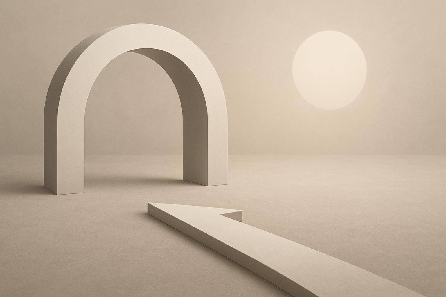 A large beige arch stands on a plain surface with a wide arrow shape pointing toward it and a circle in the background.
