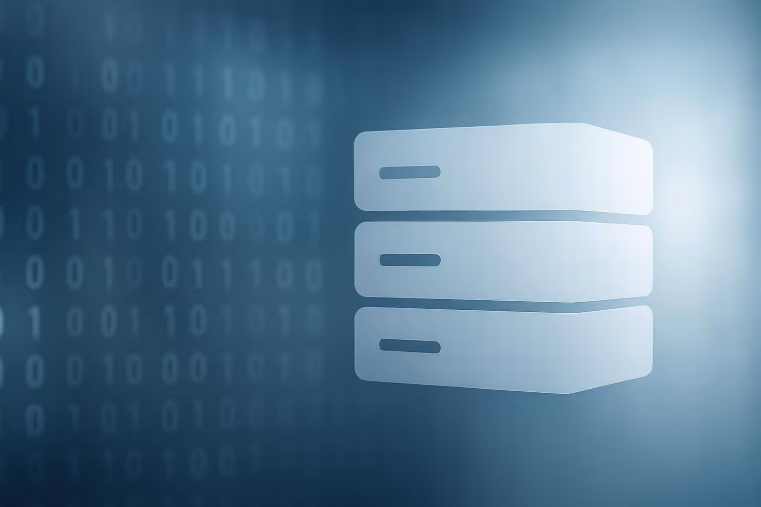 A stylized icon of three stacked rectangles appears over a blue background with binary numbers.